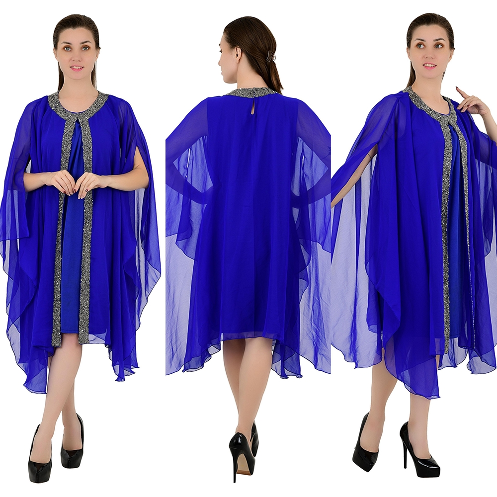 Elegant Blue Cape Dress with Silver Accents